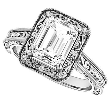 2 CT Emerald Cut Colorless Moissanite Engagement Ring Set Wedding/Bridal Ring Set, Diamond Ring Set, Anniversary Solitaire Halo Accented Promise Vintage Antique Gold Silver Ring Set4