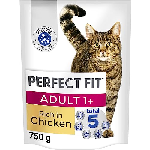 Perfect Fit Adult 1+ Complete Dry Cat Food for Adult Cats Aged 1+ Years, Rich in Chicken, 4 Bags (750 g)