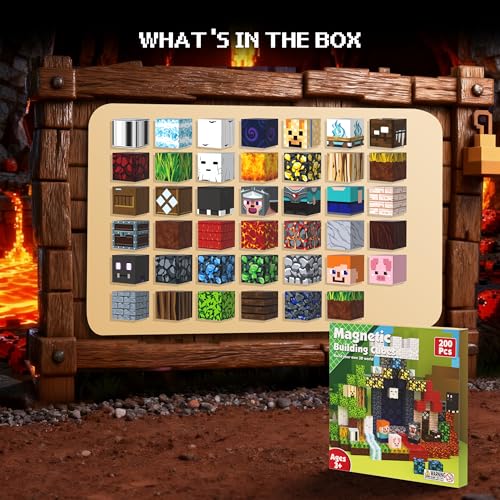 Magnetic Blocks 200 PCS Magnet Building Blocks Cubes Sensory Toys for 3-12 Years Old Gamer Player Kids, Stacking Magnets Holiday Birthday Graduation Gift Set, 0.8 Inch Block, Nether and Overworld