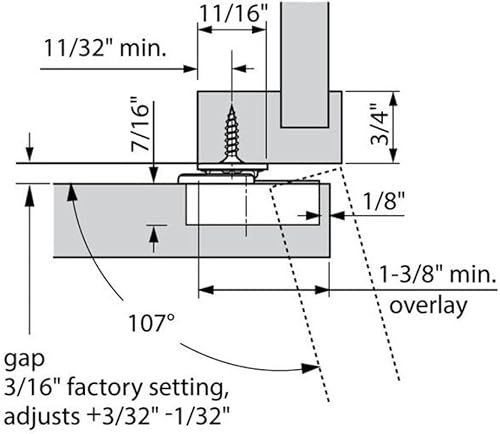 Miniatura 2 de Blum 33B355AF22 - Bisagra compacta de fijación facial de 107 con muelle y placa de montaje, incluye tornillos, paquete de 4