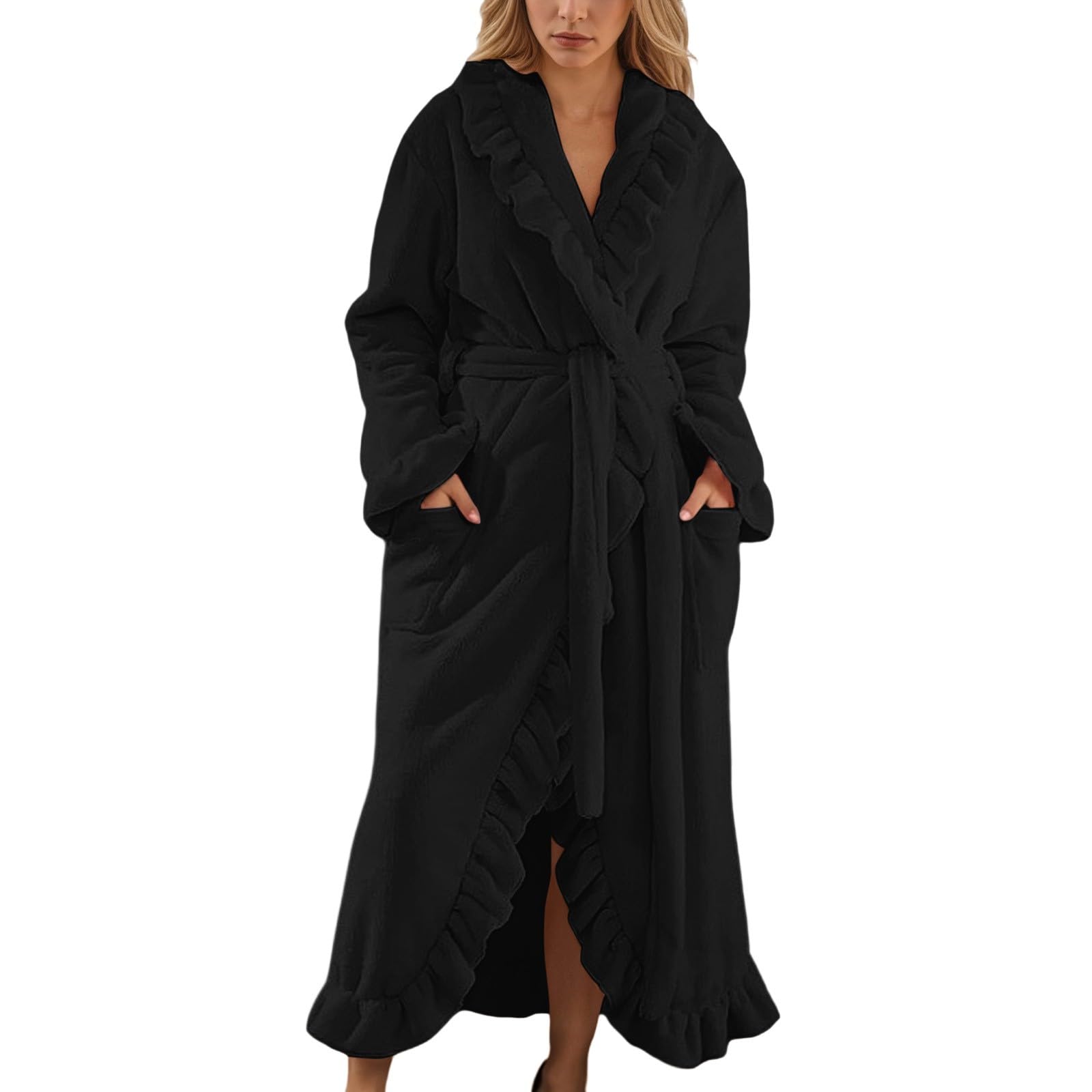 Generisch Accappatoio da donna in flanella, tinta unita, casual, a maniche lunghe, accappatoio termico, elegante abbigliamento da casa, kimono per comfort a casa