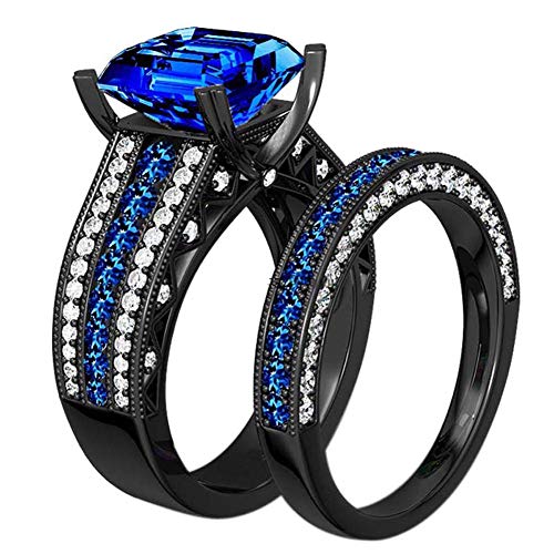 Bridal Sets Luxury Black Gold Plated Womens Wedding Ring Sets Princess cut 8mm Blue Cz Engagement Ring Sets