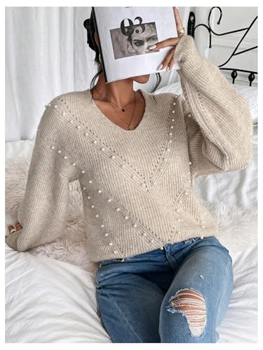 Women's Pearls Beaded Pullovers V Neck Drop Shoulder Loose Sweater Top3