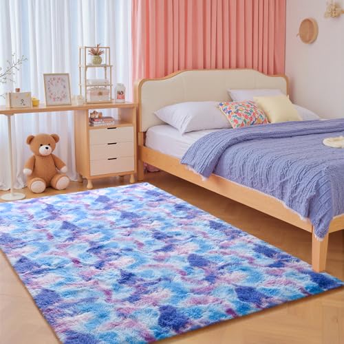 Image of junovo 3x5 Washable Area Rug for Girls Bedroom, Purple Soft Non-Slip Fluffy Bedside Rugs, Shag Plush Memory Foam Carpet for Kids Room Baby Nursery Home Decor Aesthetic