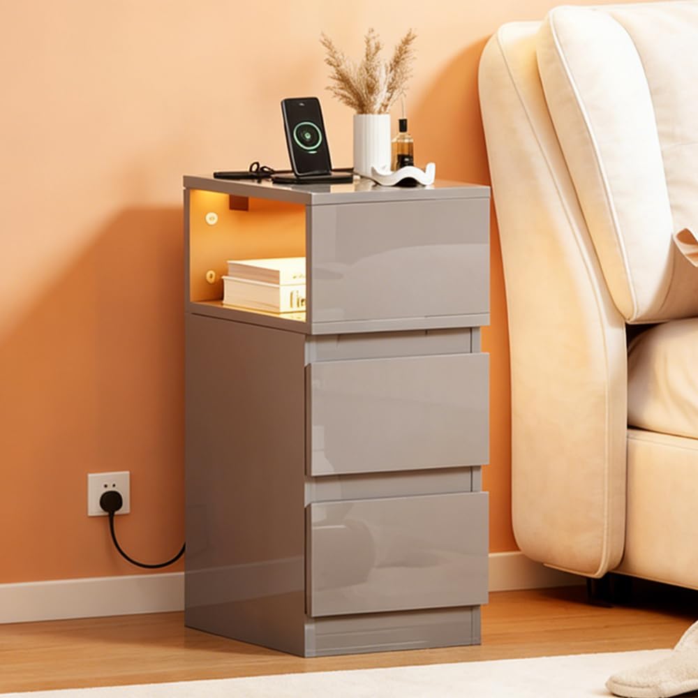 Bedside Table with 3 Drawers, Slim Nightstand Cabinet with Charger Station for Bedroom, Small Living Room End Table Side Table with Power Outlets and USB Ports (High Gloss Grey with 2-Drawer/LED)