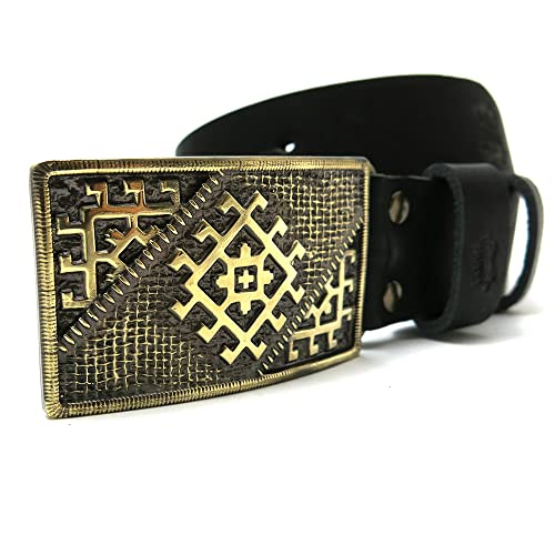 Leather belt with Ancient Sun belt buckle, Antient Scandinavian Slavic Pagan rectangular solar symbol belt buckle on leather belt
