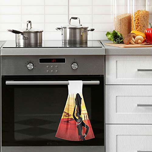 Boccsty Tribal African Woman Hanging Kitchen Towels 2 Pieces Tropical Tree Sunset Dish Cloth Tie Towels Hand Towel Tea Bar Towels For Bathroom Farmhouse Housewarming Tabletop Home #TOP5