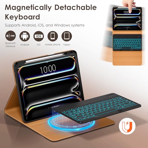 Image of DTTO for iPad Pro 13 Inch Case with Keyboard M5 /M4 2025 /2024, 7 Colors Backlit Wireless Detachable Keyboard Premium Leather Folio Cover with Pencil Holder & Pocket, Dark Brown