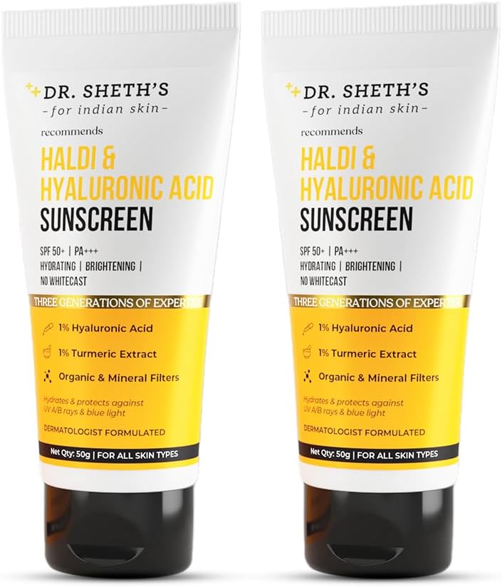 Dr. Sheth's Haldi & Hyaluronic Acid Sunscreen with 1% Hyaluronic Acid | Spf 50+ Pa+++ | Protects Against UVA/B & Blue Light | Hydrating & Brightening | For Men & Women | For All Skin Type | 50 g x 2