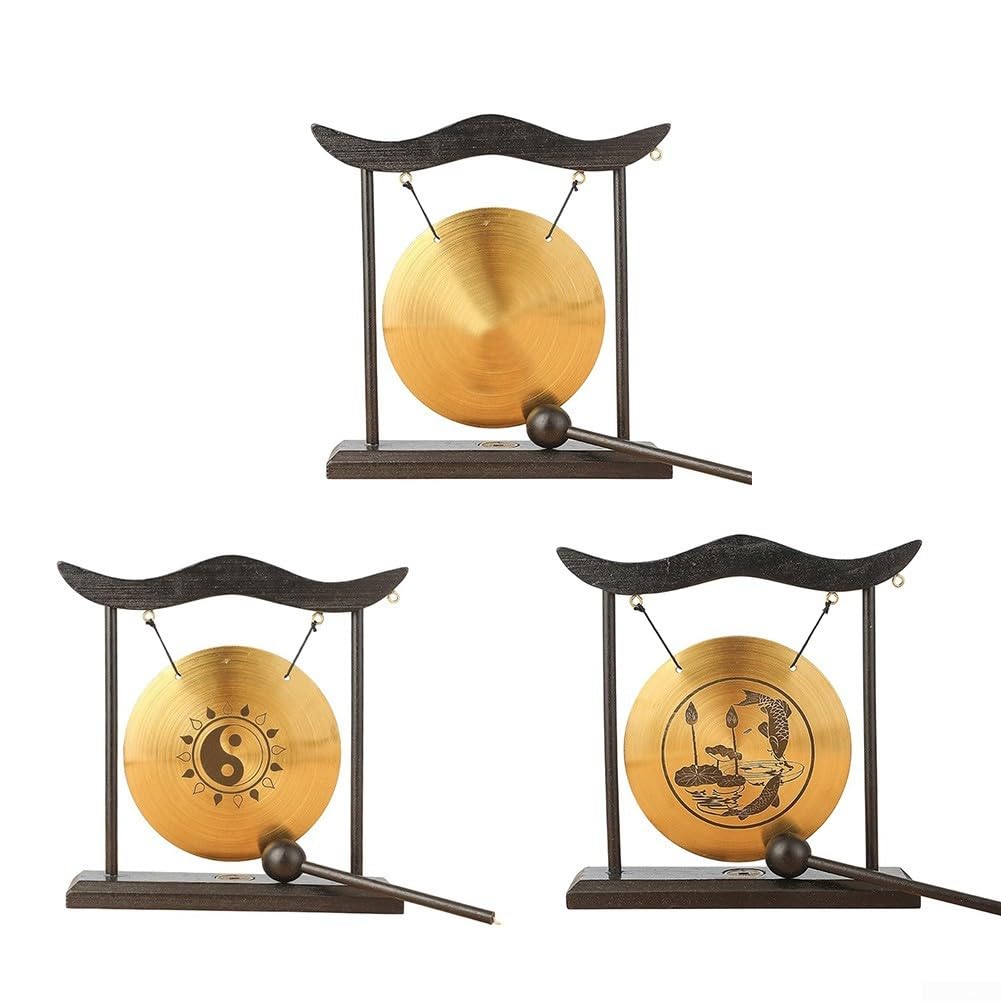DAZZLEEX Feng Shui Gong in ottone, con base e telaio in legno, disco in rame e martello in legno, per decorazione cinese per la casa e l'ufficio, ornamento decorativo per l'inaugurazione della casa