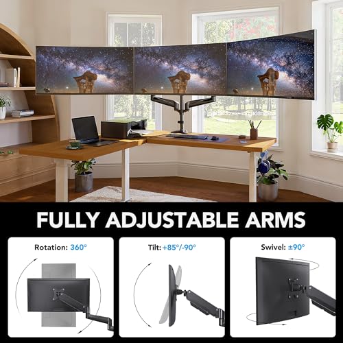 Image of HUANUO Triple Monitor Mount for 17 to 32 inch Screens, Adjustment Gaming Triple Monitor Stand with Swivel, Tilt, Rotation, Clamp & Grommet Kit