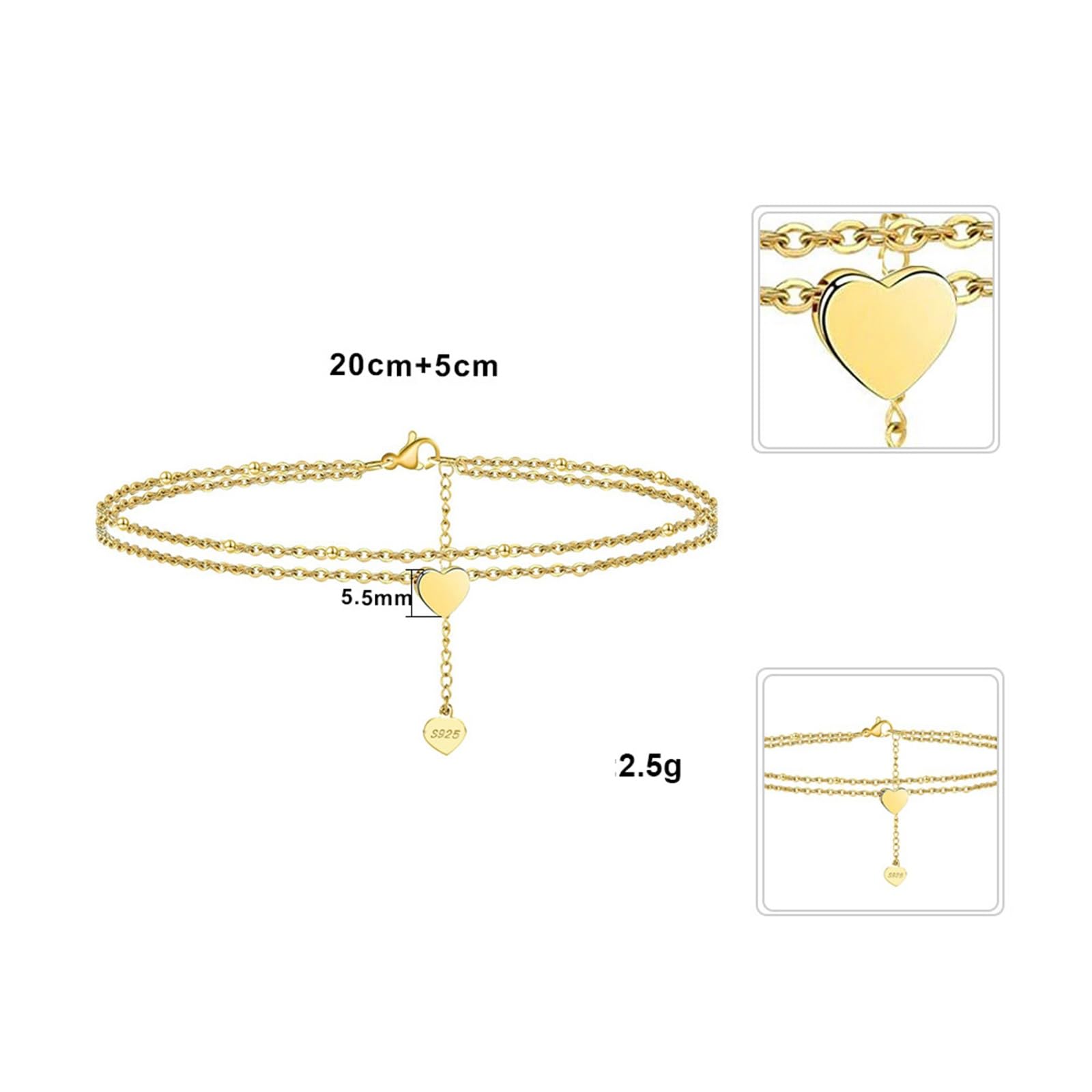 Cavigliera Argento Sterling 925 Donna, Cavigliera Donna Sexy Catena con Cuore A Doppio Strati, Bracciali alla Caviglia da Spiaggia Piede Catena Cavigliere Regolabili per Donne