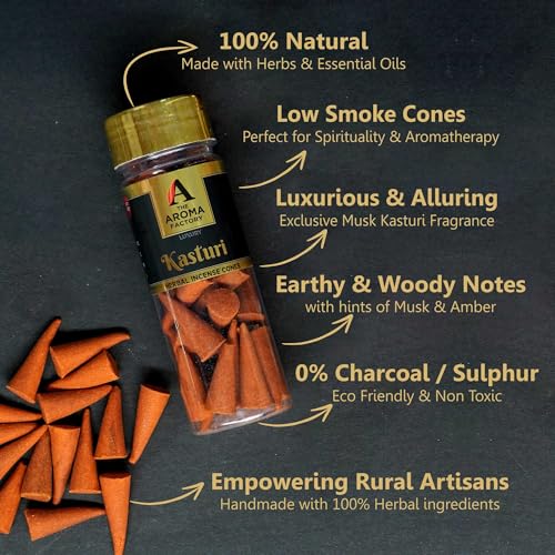 Image of The Aroma Factory Incense Dhoop Cone for Pooja, Kasturi (100% Herbal & 0% Charcoal) 1 Bottle x 30 Cones