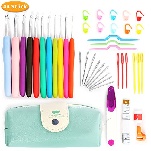 Norjews Häkelnadel Set 44 Stück, 11 Bunte Ergonomische weich Gummi Komfort Griff Häkeln Stricken Nadeln mit 33 Stricknadeln Zubehöre und Tasche - Bestes Geschenk