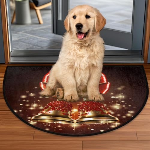 Image of cfpolar Christmas Red Bells Xmas Half Round Door Mat Outdoor Entrance Large 24 inchx36 inch Half Circle Welcome Entrance Way Mat Semi Circular Front Door Mat Area Rug for Garage, Patio, High Traffic Areas