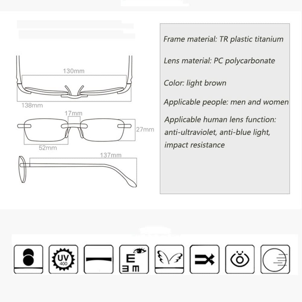 FREAZE Rechteck Brille Rahmenlose Computer Lesehilfe Brille TR90 Lesebrille Getönte PC Gläser Anti Blaulicht 1.0X 2.0X Damen Herren (Size : 1.5X)