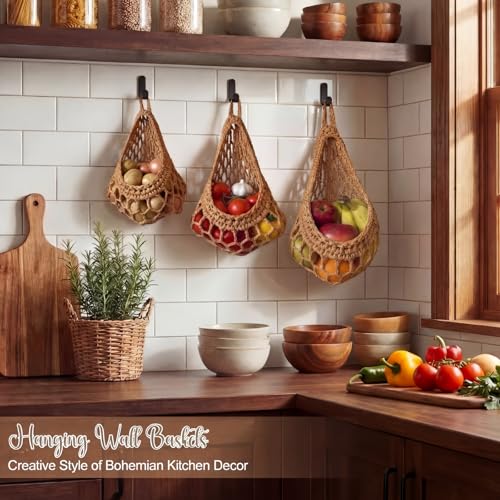 Image of Honeydak 3 Hanging Baskets, Light Linen, Crochet, Cotton Rope