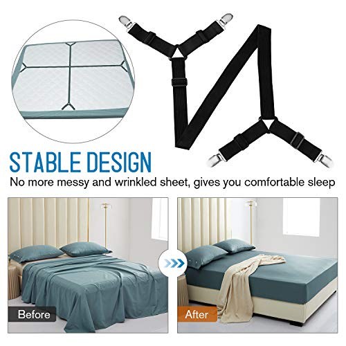 WADEO Verstellbare Elastische Bettlakenspanner Bettlakenklammer, Matratzenklammern mit Langen Spannbändern, für Laken, Spannbettlaken, Matratzenschoner, Schwarz, 2 Stück - Image 3