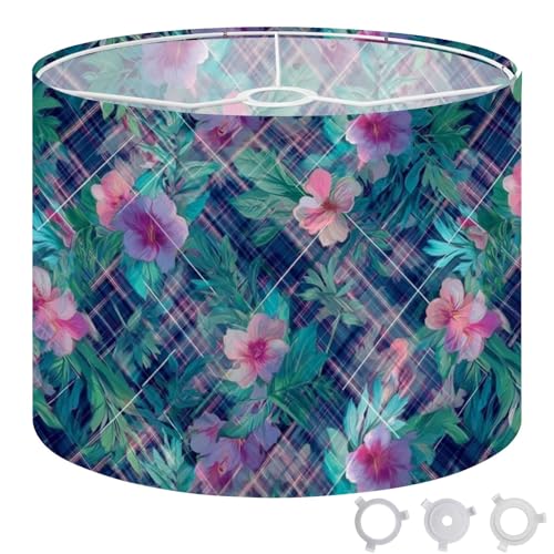 Drum Lamp Shade Tropical seamless stripes Dark Blue floral Layering
