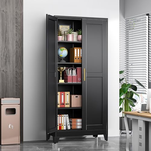 Image of GAIOUS 71 inch Tall Metal Storage Cabinet with 2 Doors and 4 Adjustable Shelves, Kitchen Pantry Cabinet Black Freestanding Cupboard, 5 Tier Multifunctional Steel Storage for Office, Kitchen, Dining Room