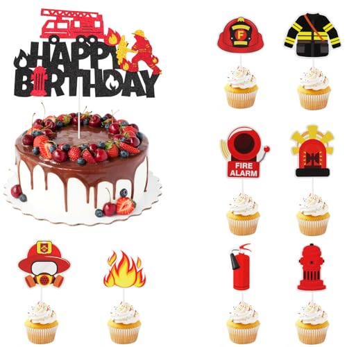 KQDRAVINE 9 unidades de decoração para bolos de aniversário, decoração para festas infantis camiões bombeiros, enfeites para cupcakes com tema de bombeiros para decorar bolos em festas temáticas