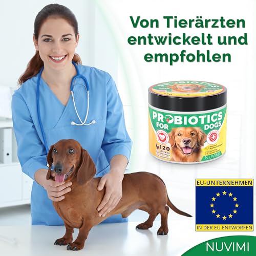 NUVIMI Probiotika für Hunde – 120 Probiotika- und Präbiotika-Tabletten für Hunde mit Hühnergeschmack – Stärkung des Immunsystems und Unterstützung der Verdauung – Vorrat für 1–4 Monate