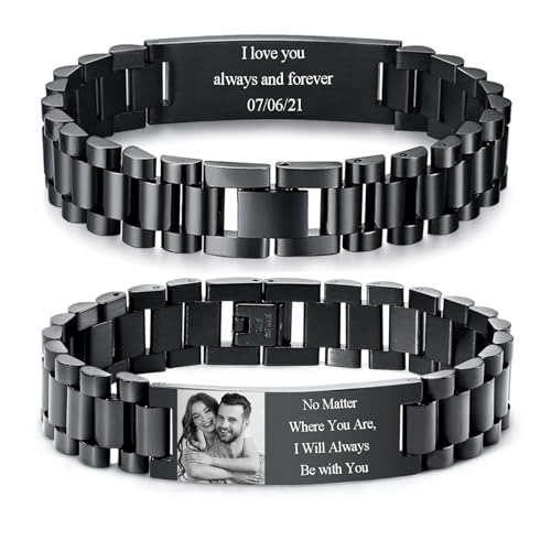 Personalized Picture Bracelet for Men - Free Engraved Customized Photo Bracelets,Hypoallergenic Stainless Steel Adjustable Wristband,Trendy Custom Engraving Photo/Text/Name Bracelet Jewelry for Him