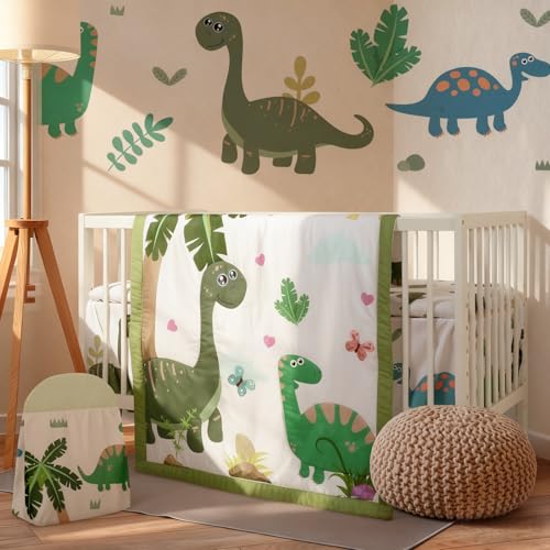 Image of Oudain 4 Piece Dinosaurs Crib Bedding Set Including Green Blue Dinosaurs Crib Skirt, Blanket, Sheet and Diaper Stacker, Soft Nursery Standard Size Baby Bedding for Baby Girls and Boys