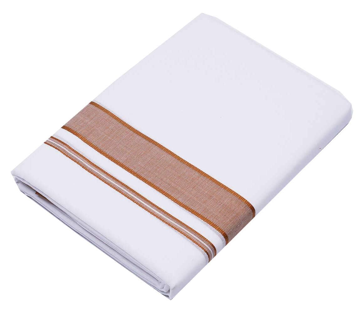 Kolakeer™ Men's Rich Cotton Dhoti with Canal Kara Border - 3.6 Mtrs/Double Layer South Indian Kerala Veshti Mundu (Brown)