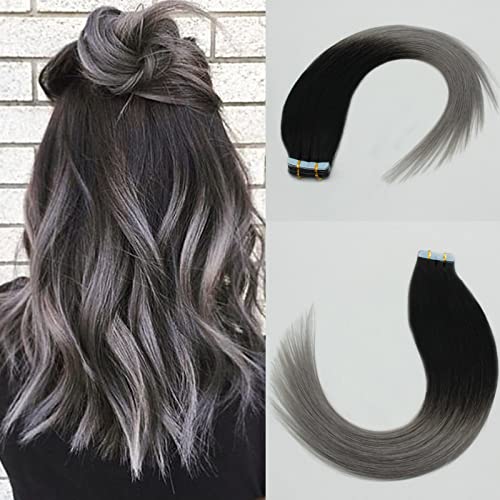 Fenicy Tape-in Human Hair Extensions Ombre Black to Silvery Gray 24 Inch