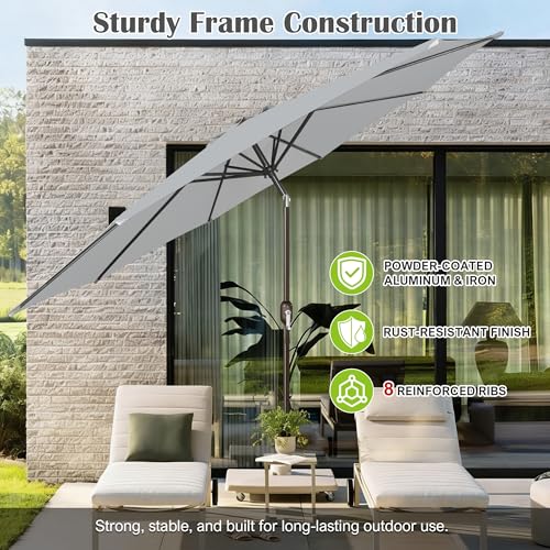 Image of Blissun 10FT Patio Umbrella, Outdoor Table Umbrella, Yard Umbrella, Market Umbrella with 8 Sturdy Ribs, Push Button Tilt and Crank, Grey