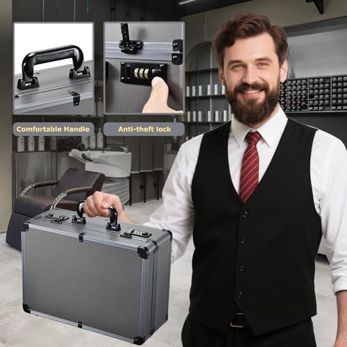 Image of Yueieoun Professional Barber Case with Barber Clipper Tray Organizer, 6 Adjustable Clipper Slots & 8 Shear Holders, Portable Barber Carrying Case for Hair Tools & Supplies with Combo Locks