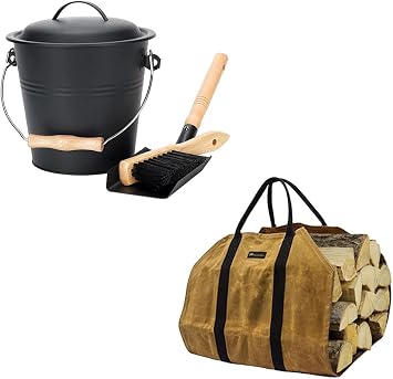 1.5-Gallon Metal Ash Bucket with Lid, Shovel, Broom - for Fireplaces, Wood Stoves & Log Carrier
