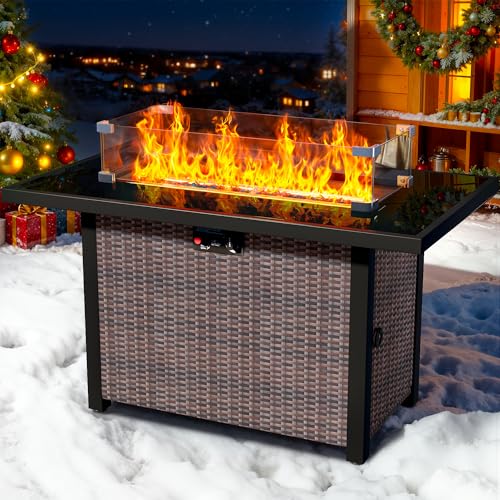 43-Inch Propane Fire Pit Table, Rattan Rectangular Outdoor Gas Fire Pit W/Glass Wind...