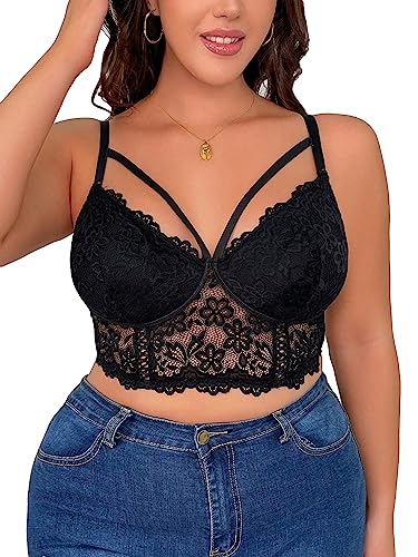 OYOANGLE Women's Plus Size Cut Out Floral Lace Bra Wireless Underwire No Padding Bralette