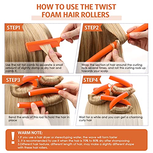 30 Pieces Flexible Curling Rods Twist Foam Hair Rollers Soft Foam No Heat Hair Rods Rollers And 1 Steel Pintail Comb Rat Tail Comb For Women Girls Long And Short Hair (7 X 0.55 Inch, Orange) #TOP2
