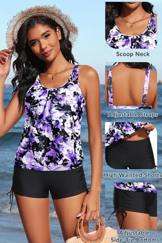 Image of Yonique Blouson Tankini Swimsuits for Women 2 Piece Bathing Suits Tops with Boyshorts Modest Loose Fit Swimwear