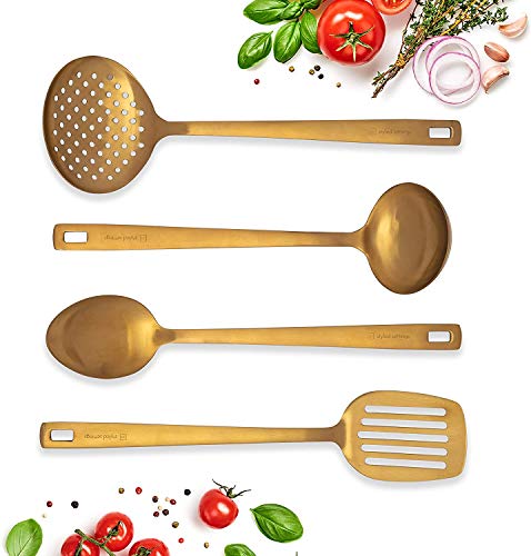 Matte Gold Serving Utensils, Stainless Steel Serving Utensils include - Gold Ladle, Skimmer, Gold Spoon, Turner: Gold Serving Set, Gold Utensils