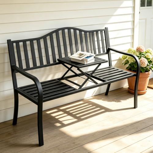 59 Inches Outdoor Bench, Metal Patio Bench with Pull-Out Table (BK-04)