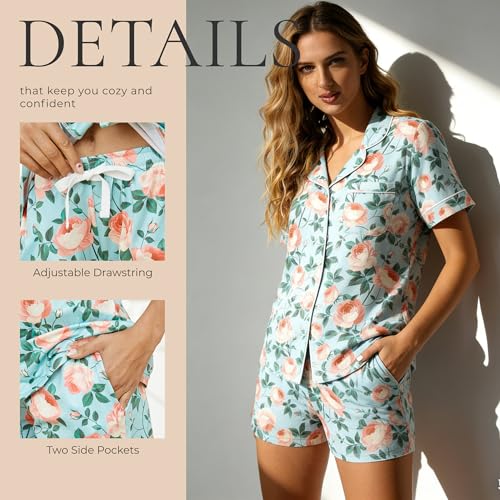 Image of LYCY Womens Pajamas Set Floral Print, Soft Pajamas for Women Shorts Set, Summer Button Down 2 piece Women Pjs