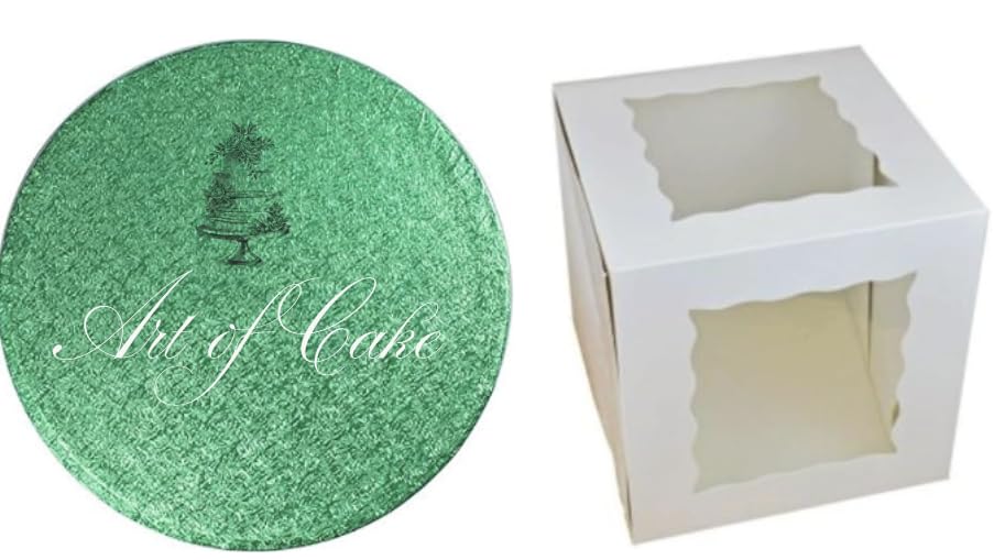 Art of cake ® Drum Cake Board (13mm) & 2 Sided Window Tall Cake Box (Green, 14")