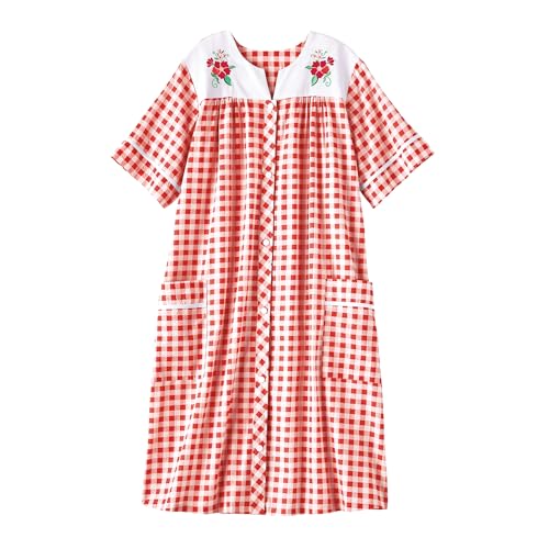 Image of AmeriMark Women Calf-Length Snap Front Knit Duster House Coat Robe - Loose-Fitting Plush Bathrobe - Short Sleeve Bath Robe