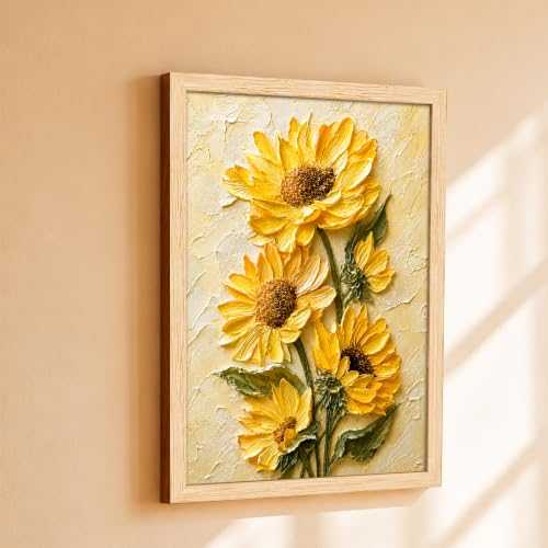 Image of PAINTINGMANTRA Textured Embossed Floral Framed Wall Art Painting for wall decoration, Abstract Vibrant Yellow Sunflower Motifs Poster with frame for living room, bedroom, office and Home, 10x13 Inch