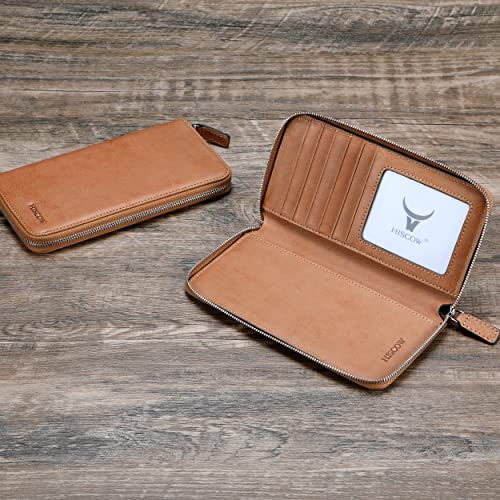 Image of HISCOW Leather Checkbook Cover, Zippered Wallet, Aniline Leather Tan | Full grain cowhide, 5cc & ID window, personal check book & register pockets, removable duplicate divider, women secure zipper