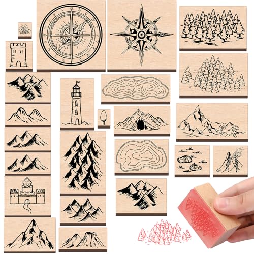 Marspark 24 Pcs Compass Mountains Stamp Combo Map Making Rubber Stamp Kit Compass Outdoor Scenery Stamps for RPG Adventures Storytelling and Creative Projects
