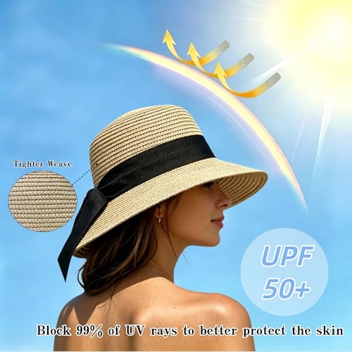 Sombrero de paja para mujer con ala ancha y protección solar miniatura 4