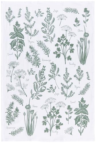 Image of Now Designs Fresh Herbs Elm Green Floursack Dishtowels Set of 2, 100% Cotton, W20 x L30in, Extra Soft Kitchen Linens