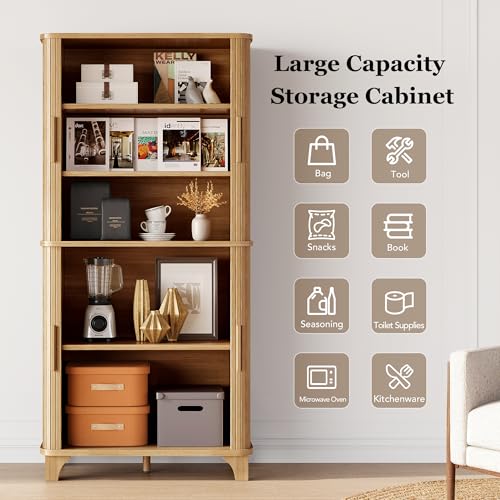 Image of Decofy 69 inch Tall Kitchen Pantry Storage Cabinet with Sliding Door, Modern Curved Edge Pantry Storage Cabinet with 5 Shelves, Cupboard for the Kitchen, Dining Room, Bedroom, Living Room, Office (Oak)