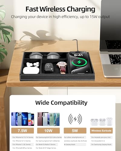 Valet Tray with Wireless Charger, Nightstand Organizer for Men, EDC Catchall Tray for Keys, Watch, Wallet, Jewellery, Premium Vegan Leather, Bedside Caddy, Stylish and Organized, Black4