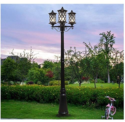 Iifas 3-Heads Garage Landscape Street Light Outdoor Waterproof Courtyard Garden Pillar Lamp European Villa Home Retro Glass Post Lantern Aluminum High Pole Light Stadium (Color : Brass_H-2.75M) #TOP3